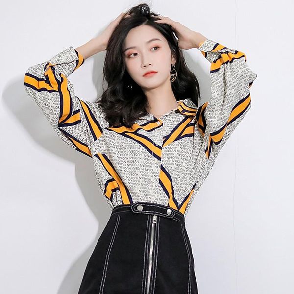 

women blouse autumn long sleeve chains leisure letter print elegant button shirt v-neck blusa korean harajuku, White