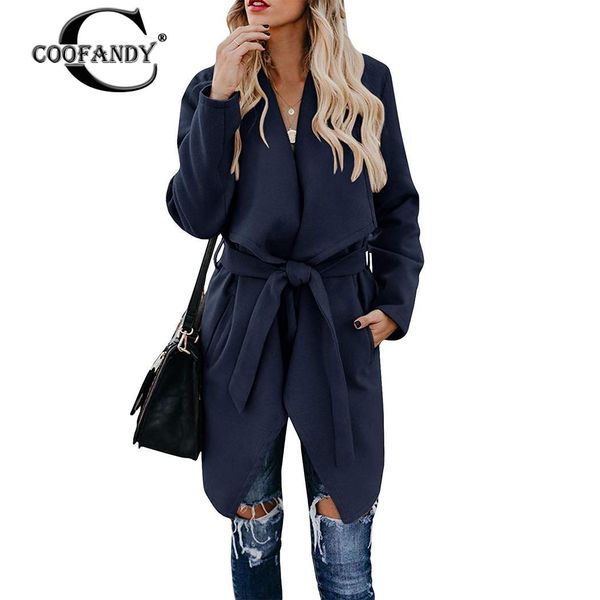

women fashion lapel collar long sleeve solid causal waistbelt casual winter overcoat, Black