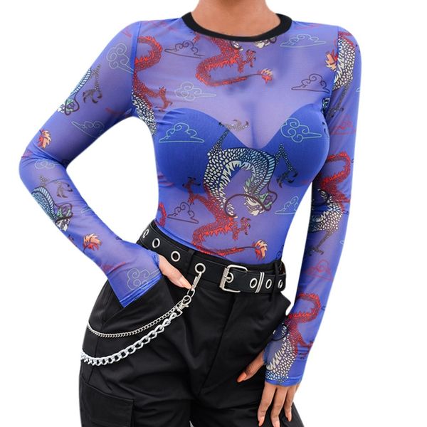 

casual spring new women's slim high collar long-sleeved mesh perspective cartoon printing short t shirt 2019 blusas mujer, White