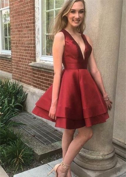 

простые vestidos де graduación 2020 многоуровневого атласная короткие sukienki homecoming платья глубокий v шеи sexy коктейль платья, White;black