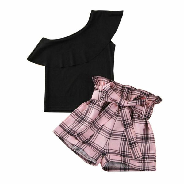 

in stock summer newborn baby boy girl ruffles off shoulder t-shirts+plaid shorts pants, White