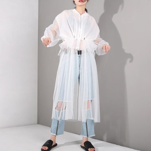 

autumn winter mesh drawstring long coats pockets hem mesh split joint loose windbreaker, Tan;black