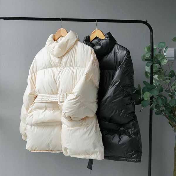 

four color solid women parkas casual hooded zipper single breasted coat winter thick korean fashion sashes jacket, Black