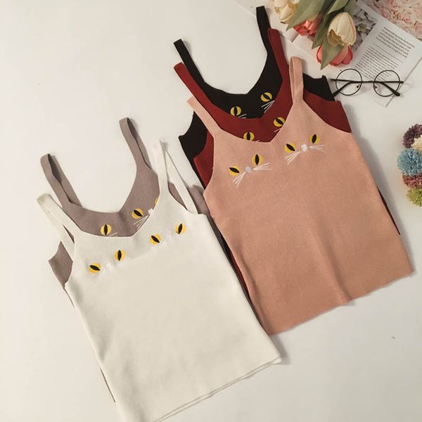 

heliar 2019 summer women tank knitting cat embroidered beach spaghetti crop female bare midriff solid feminino, White