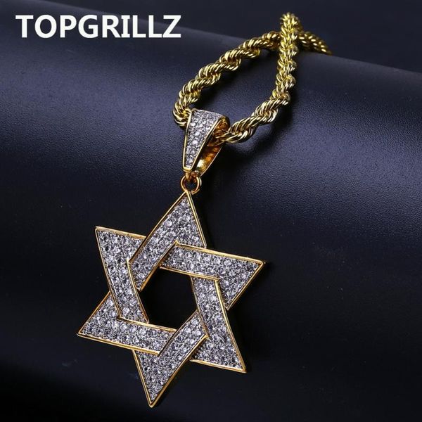 

rillz hip hop men gold color plated necklace micro pave iced out cz stone star of david pendant necklaces with rope chain, Silver