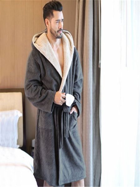 

men's winter coral velvet hooded robe male warm long bathrobes comfort gray bath robe vs t, Black;brown