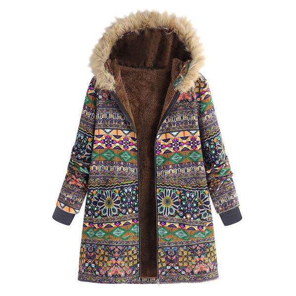 

jaycosin ethnic style ladies long-sleeved zipper thick coat plush retro print large size hooded jacket casual business wind, Black