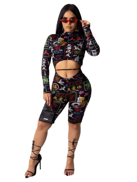 

european and american new text printing jumpsuit fashionable o neck tight shorts, Black;white