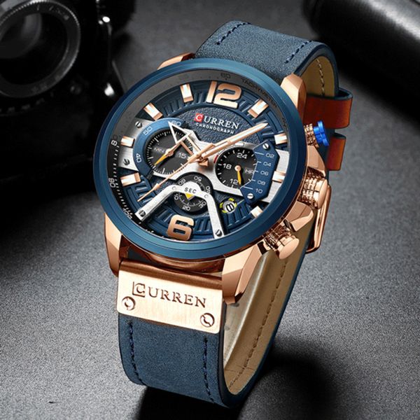 

sport watch men luxury watch chronograph men curren watches leather band quartz clock waterproof men's fashion relojes, Slivery;brown