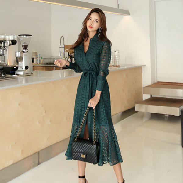 

summer dress womens clothing vintage hollow out lace women long dress single breasted bandage elegant dress full sleeve spring vestidos, Black;gray