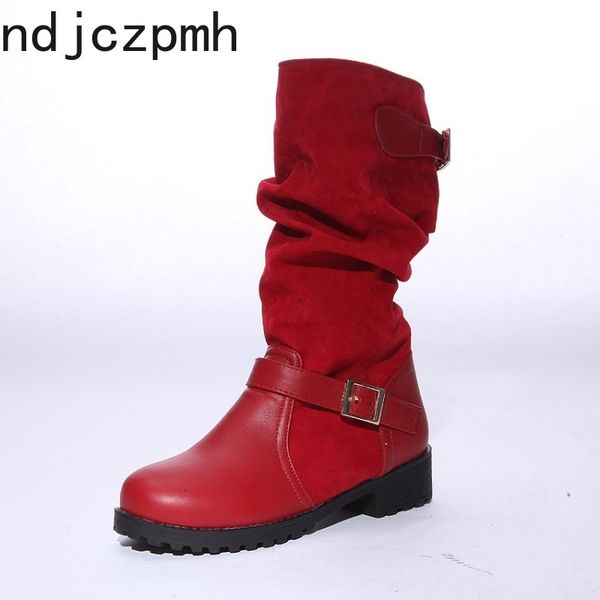 

boots women autumn and winter the new fashion round head belt buckle low-heeled mid calf boots shoes women plus size 35-43 black