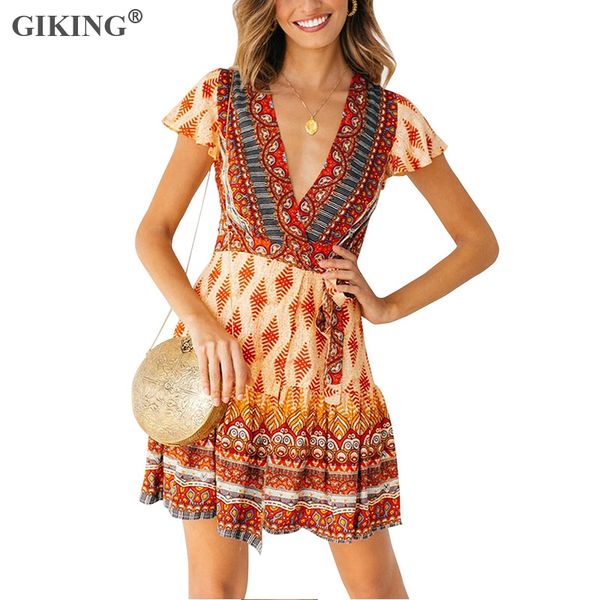 

giking boho style floral print dress women deep v bandage short sleeve mini party dress woman summer holiday vestidos 2019, Black;gray