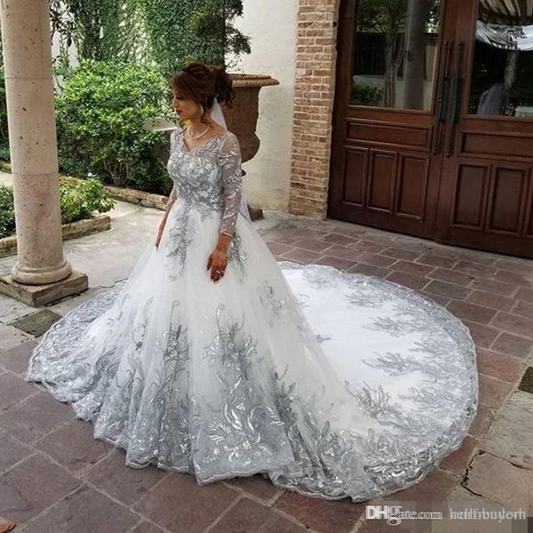 

2019 летний пляж серебро линия страна свадебные платья с длинным рукавом кружева аппликации v шеи свадебные платья дешевые плюс размер, White