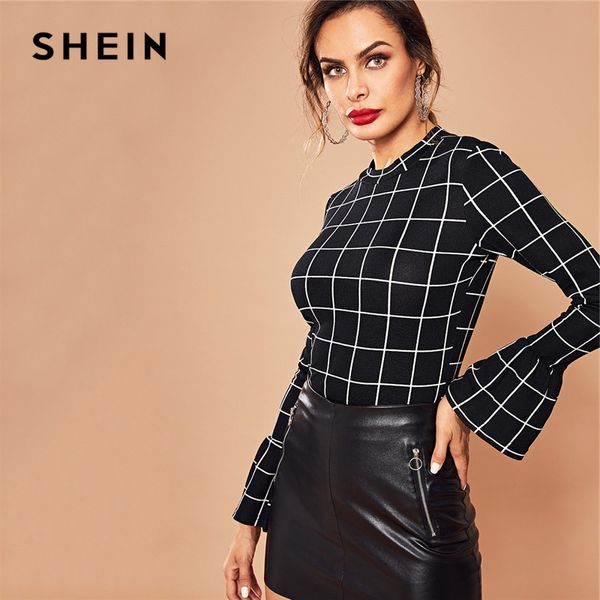 

shein black elegant workwear plaid ruffle cuff bell sleeve stand collar grid blouse autumn office lady women and blouses, White