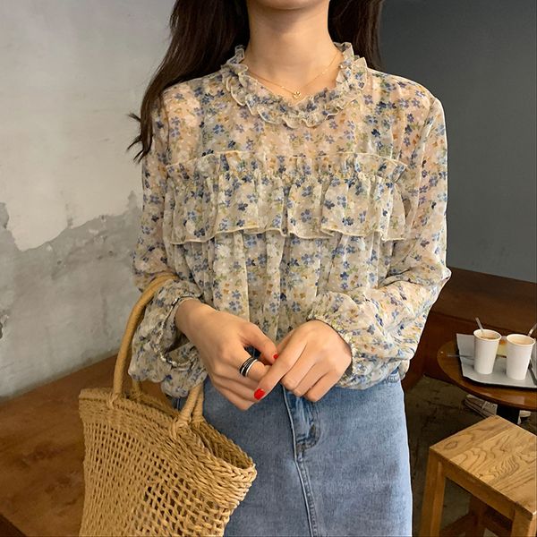 

frilled floral chiffon blouses women flower ruffled shirts summer, White