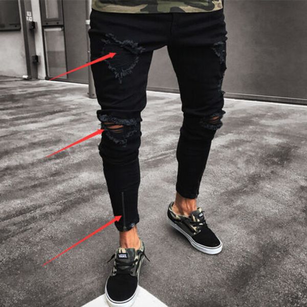 

mens cool designer brand black jeans 2019 new skinny ripped destroyed stretch slim fit hop hop pants with holes for me, Blue