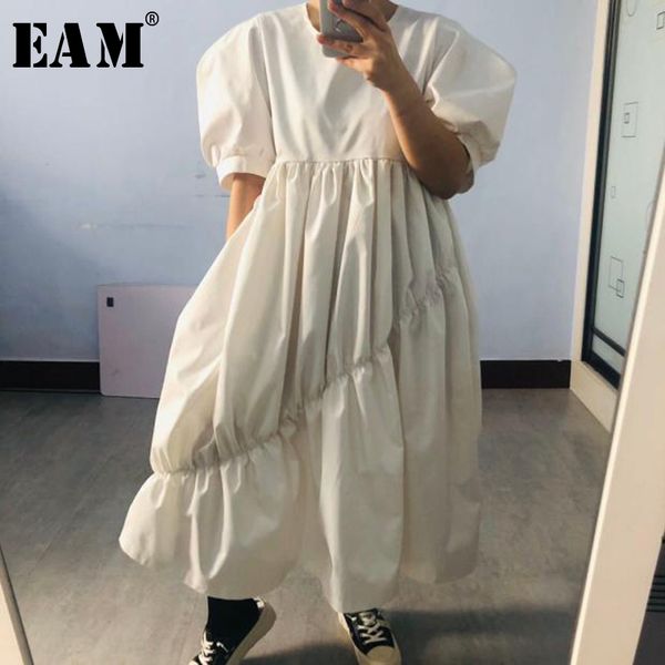 

eam] women white pleated split big size long dress new round neck puff sleeve loose fit fashion tide spring summer 2020 1u751, Black;gray