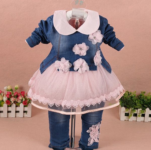 

0-3y new 2020 spring girls flower denim clothing set 3pcs baby girl lace t shirt children clothes girls jeans suit, White