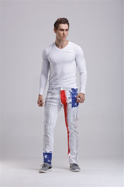 

мужская мода дизайнер случайные джинсы длинные stragiht брюки обычная одежда homme американский флаг печати повседневная одежда, Blue