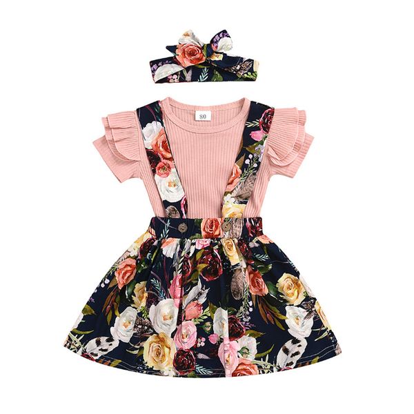 

2020 new girls overalls outfits 3pcs baby toddler kids floral skirt suspender skirt dress+flower headband+ruffles pure color short sleeve s, White