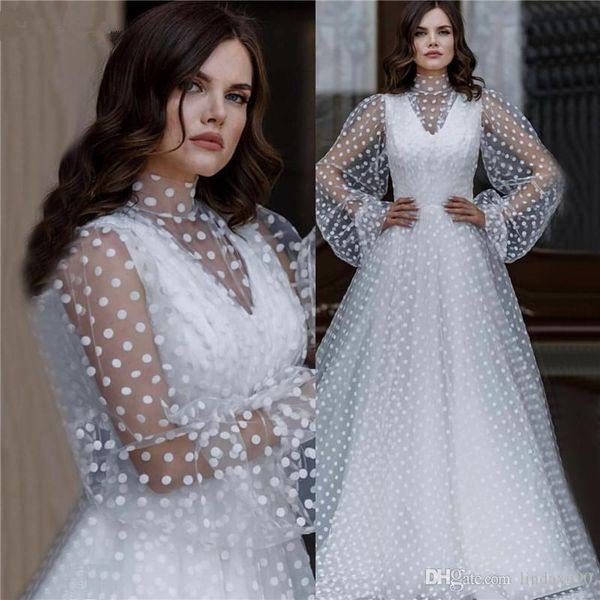 White Elegant A Line Prom Vestes Round Dot Pattern Sexy Long Bubble Mangas simples Vestidos de festa de noite