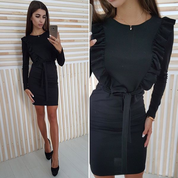 

aphrodite home women dress autumn ruffles belt bodycon dress solid long sleeve o-neck female party mini dresses vestidos, Black;gray