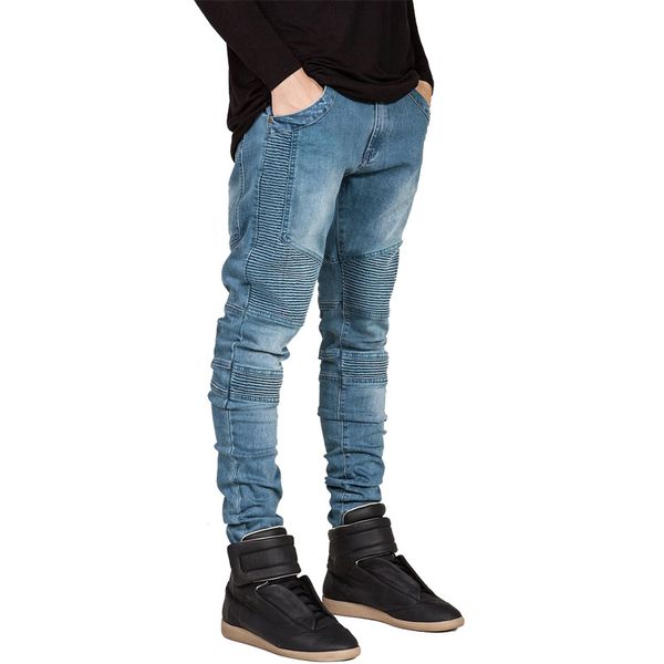 

motocycle jeans men 2018 skinny denim pants pleated jean homme, Blue