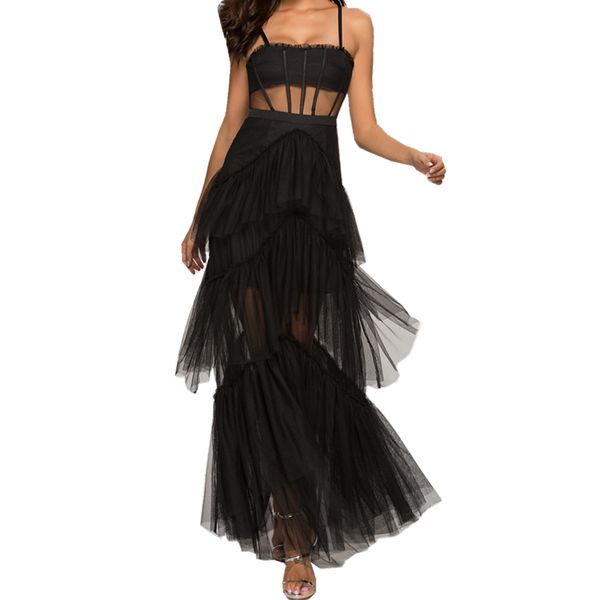 

brand designer mesh patchwork runway dresses 2019 summer fashion strap high waist hollow out party cocktail gowns prom robes, Black