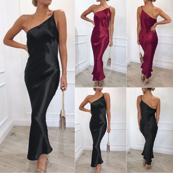 

women summer single shoulder bodycon dress ladies sleeveless solid satin stretch dresses, Black;gray