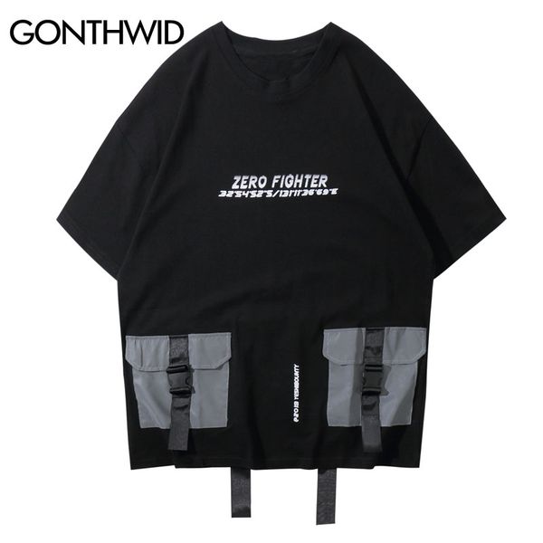 

gonthwid 3m reflective buckle multi-pockets ribbon tshirts 2019 men hip hop streetwear tees harajuku short sleeve t shirts, White;black