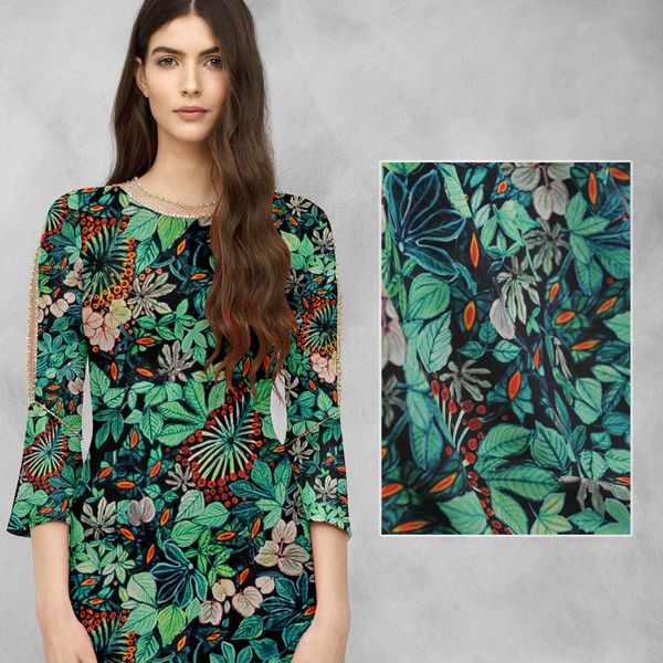 

140cm wide leaf printed silk fabric meter anti-wrinkle silk crepe de chine fabric 16mm shirt dress wholesale cloth, Black;white