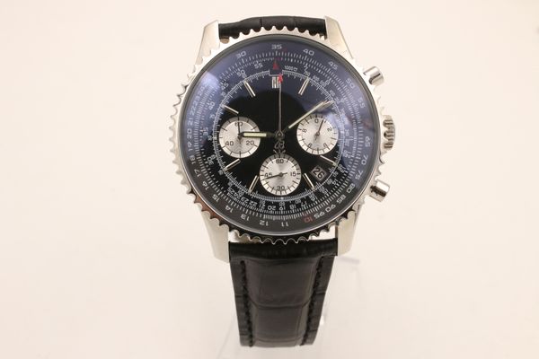 

48mm quartz chronograph mens watches silver case black dial wristwatches with black leather band luminous hands and markers, Slivery;brown