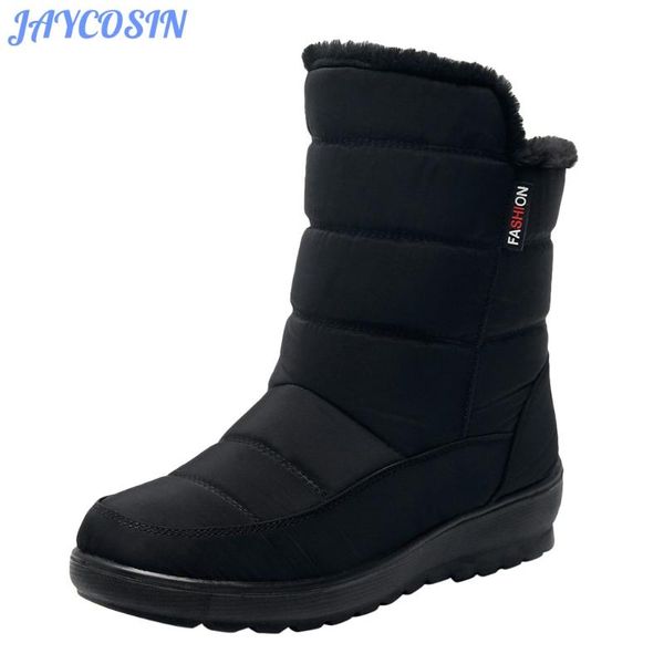 

jaycosin shoes winter women boots nylon keep warm mid tube boots for women flat with slip-on zapatos de mujer, Black