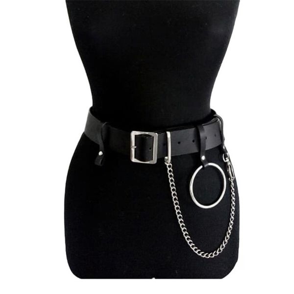 

2019 women waist belt fashion metal o ring link chain belts goth faux leather waistband buckle wide belt cinturones, Black;brown
