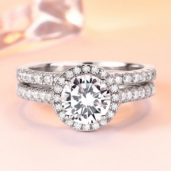 

female crystal round wedding ring set fashion s925 silver bridal engagement jewelry promise zircon stone rings for women, Slivery;golden