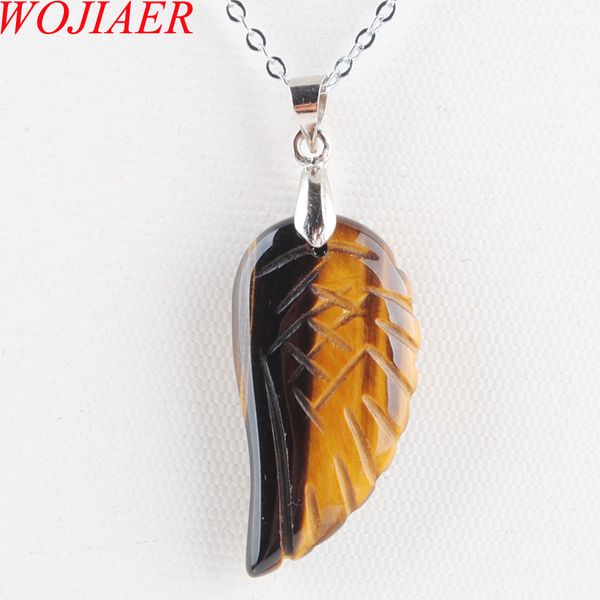 

wojiaer natural tiger's eye gem stone bead wings silver plated reiki chakra pendant necklace 18 inches dn3527