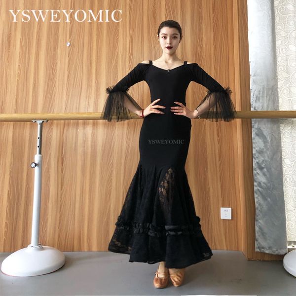 

2019 new styles black lace hip big swing mermaid skirt waltz ballroom dance skirts long ballroom dress standard m12, Black;red