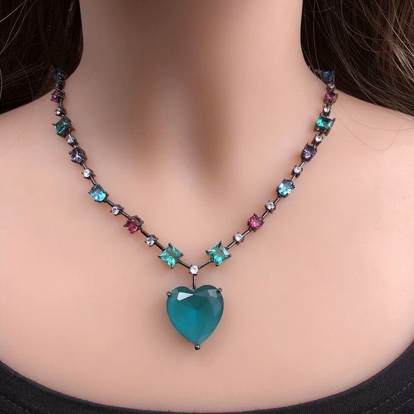 

colorful heart-shaped pendant necklace cubic zirconia women choker necklace crystal glass stone chain female charm jewelry 2019, Silver