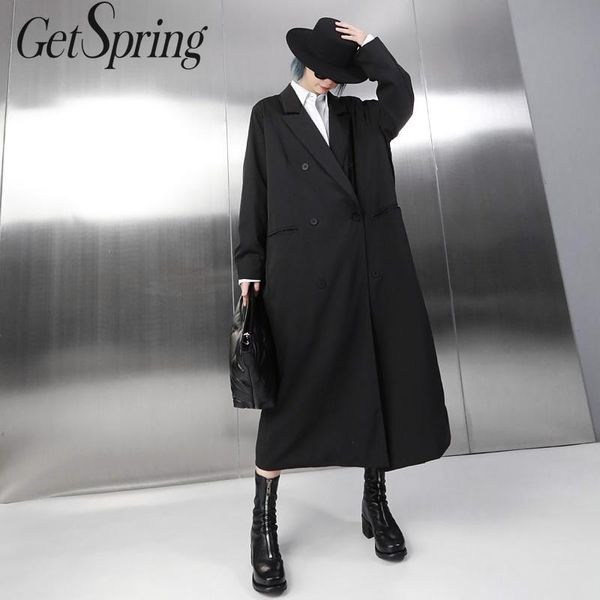 

getspring women blazer long sleeve double breasted blazer loose ladies coat black overcoat long women jacket autumn winter 2019, White;black