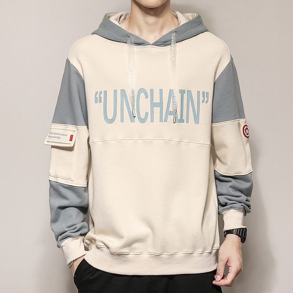 

men's autumn letter print patchwork sweatshirt men loose hip hop hipster arm pocket hoodies pullovers couple clothing streetwear, Black