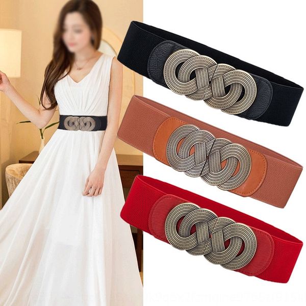 

women's widened waistcoat band vest skirt elastic band dress decorative elastic belt white 8-character buckle skirt belt, Black;brown
