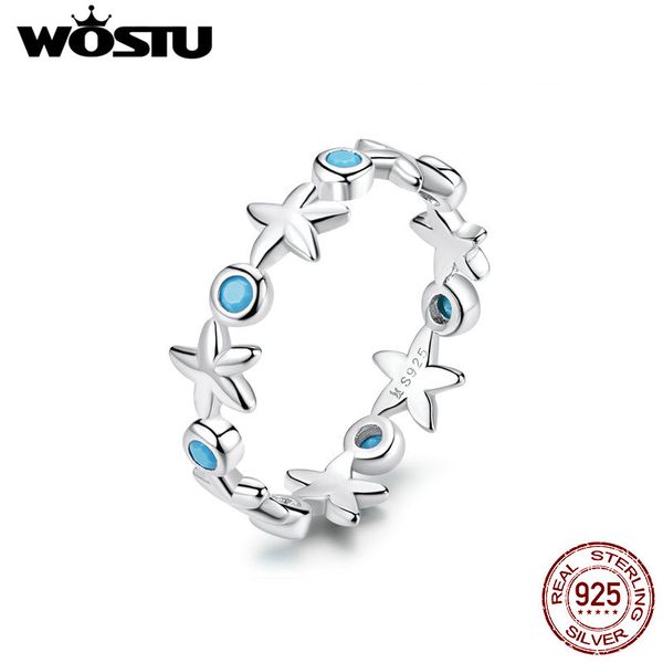 

wostu sea beach starfish ring 100% 925 sterling silver blue zircon rings for women summer holiday silver 925 jewelry cqr527, Slivery;golden