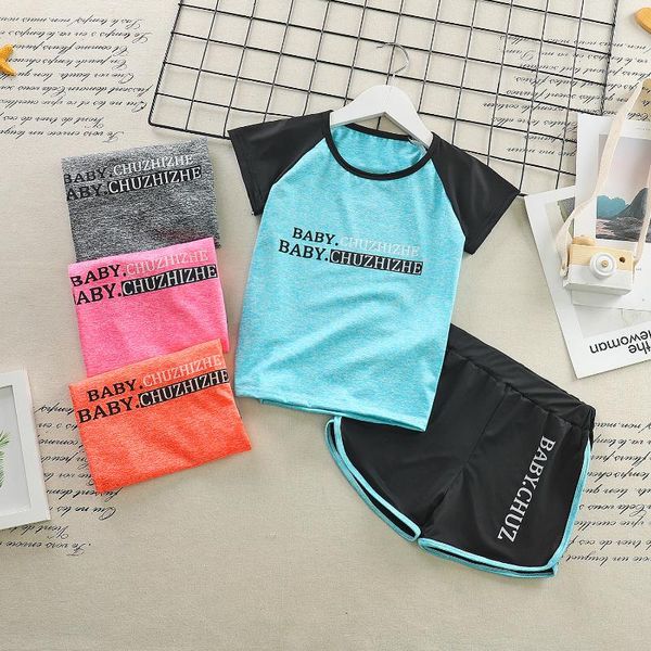 

two-piece children's short-sleeved suit running fitness clothes quick-drying basketball football sports bottoming shirt, Black;blue