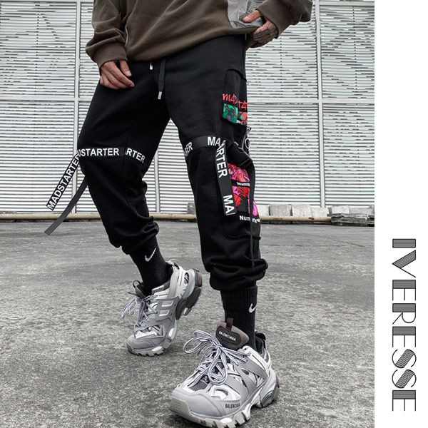 

ribbon beam joggers letter casual hip hop cargo pants men retro drawstring pocket male fashion trousers sweatpants streetwear, Black