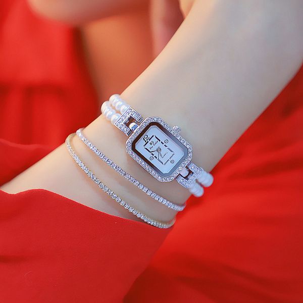 

high-end watch pearl women's watch fashion waterproof diamond rectangular elegant small dial quartz clock watches, Slivery;brown