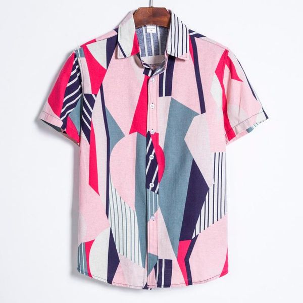 

mens casual cotton linen shirt summer brand color patch print short sleeve button down slim mens dress hawaiian shirts plus size, White;black