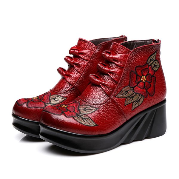 

sondr wedge platform winter boots women high heel botas plataforma botte femme hiver 2019 ankle genuine leather embroider shoes, Black