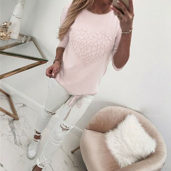 

симпатичные розовые одежда для женщин осень с длинным рукавом любовь бинты блузка шею туника футболка топы плюс, White