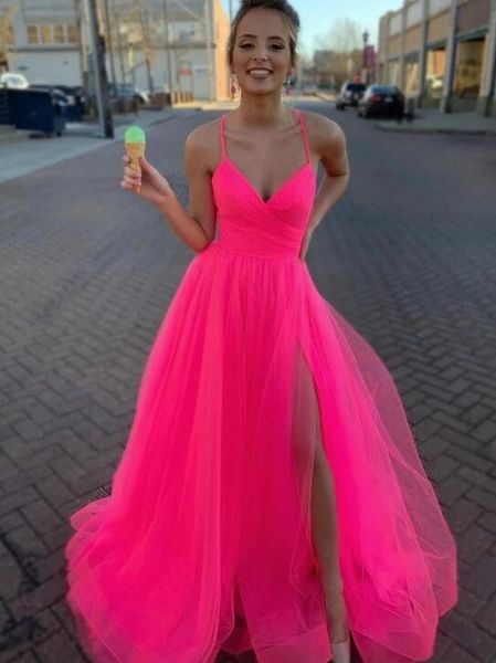 

spagehtti straps fuchsia tulle long prom dresses for women under 100, Red