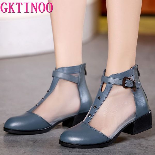 

gktinoo women boots thick heels platform shoes buckle autumn summer net boots for women genuine leather ankle, Black